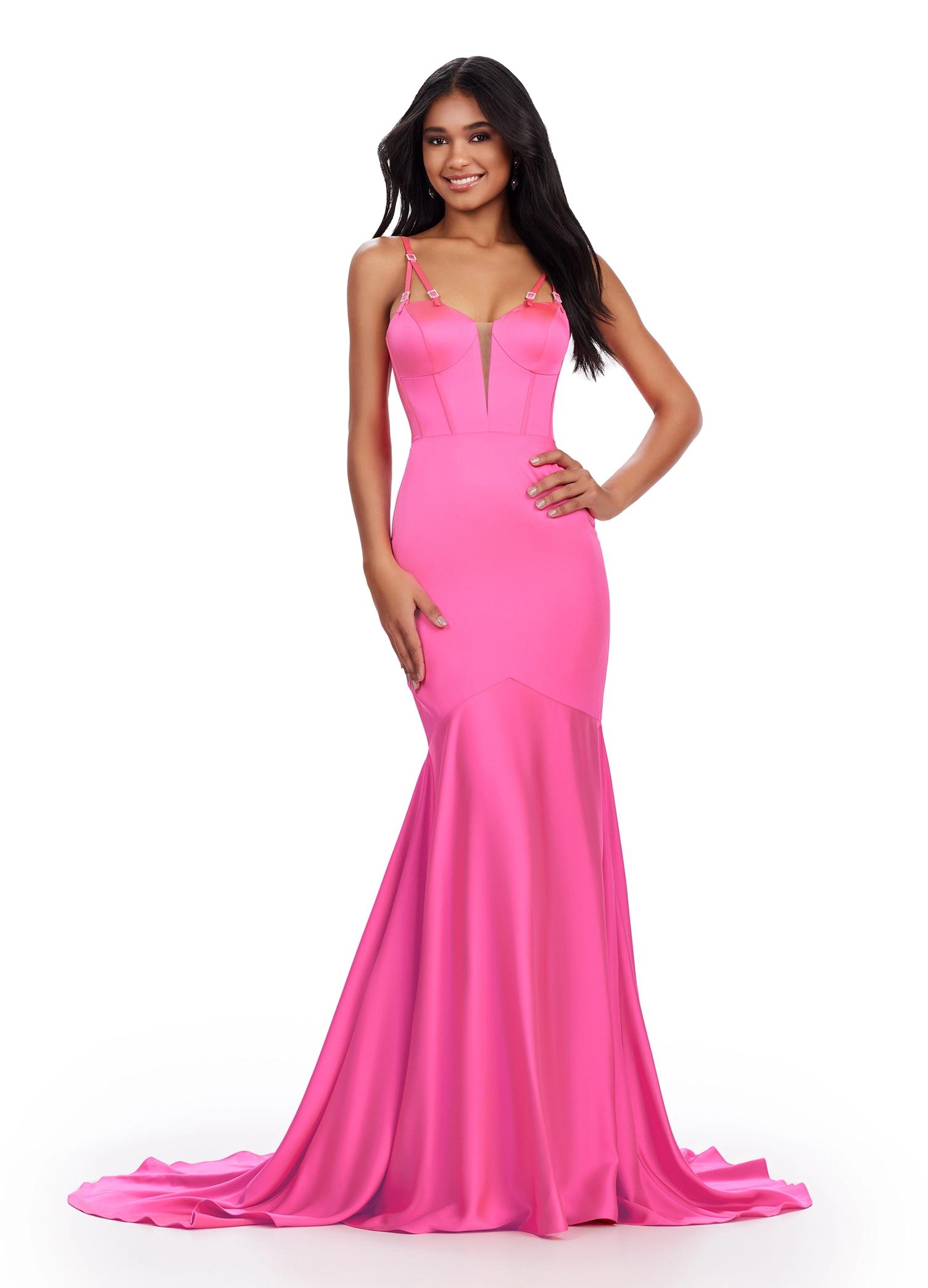 Hot Pink ASHLEYlauren 11644 Fitted Satin Gown with Corset Bustier, Illusion V-Neckline, Spaghetti Straps, and Beaded Accents
