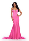 Hot Pink ASHLEYlauren 11644 Fitted Satin Gown with Corset Bustier, Illusion V-Neckline, Spaghetti Straps, and Beaded Accents