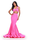 Hot Pink ASHLEYlauren 11646 Two-Piece Scuba Gown with Ruched One Shoulder Top, Fitted Skirt, and Structured Horsehair Hem