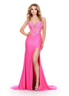 Hot Pink ASHLEYlauren 11688 Stunning Jersey Gown with Spaghetti Straps, Plunging V-Neckline, Scattered Press On Stones, Draped Skirt, and Left Leg Slit