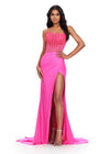 Hot Pink ASHLEYlauren 11690 Glamorous Strapless Gown with Exposed Corset Boning Encrusted in Press On Stones, Ruched Skirt, and Left Leg Slit