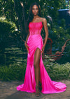 Hot Pink ASHLEYlauren 11690 Glamorous Strapless Gown with Exposed Corset Boning Encrusted in Press On Stones, Ruched Skirt, and Left Leg Slit