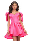 Hot Pink ASHLEYlauren 4788 satin cocktail dress featuring a sweetheart neckline, off shoulder bow details, corset bustier, and a full A-line skirt for a dainty, elegant, and timeless look.