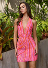 Hot Pink ASHLEYlauren 4791 fully hand-beaded cocktail dress featuring a halter neckline, illusion deep V-neckline, and open back for a bold and show-stopping look.