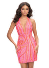 Hot Pink ASHLEYlauren 4791 fully hand-beaded cocktail dress featuring a halter neckline, illusion deep V-neckline, and open back for a bold and show-stopping look.