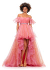 Hot Pink/Blush ASHLEYlauren 11268 stunning strapless high-low gown featuring a ruched sweetheart neckline, off-shoulder sleeves, a crystal belt, and a two-tone organza skirt finished with a wire hem for a dramatic and elegant look.