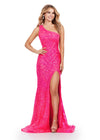 Hot pink ASHLEYlauren 11471 one shoulder stretch sequin gown with illusion side cut out and left leg slit
