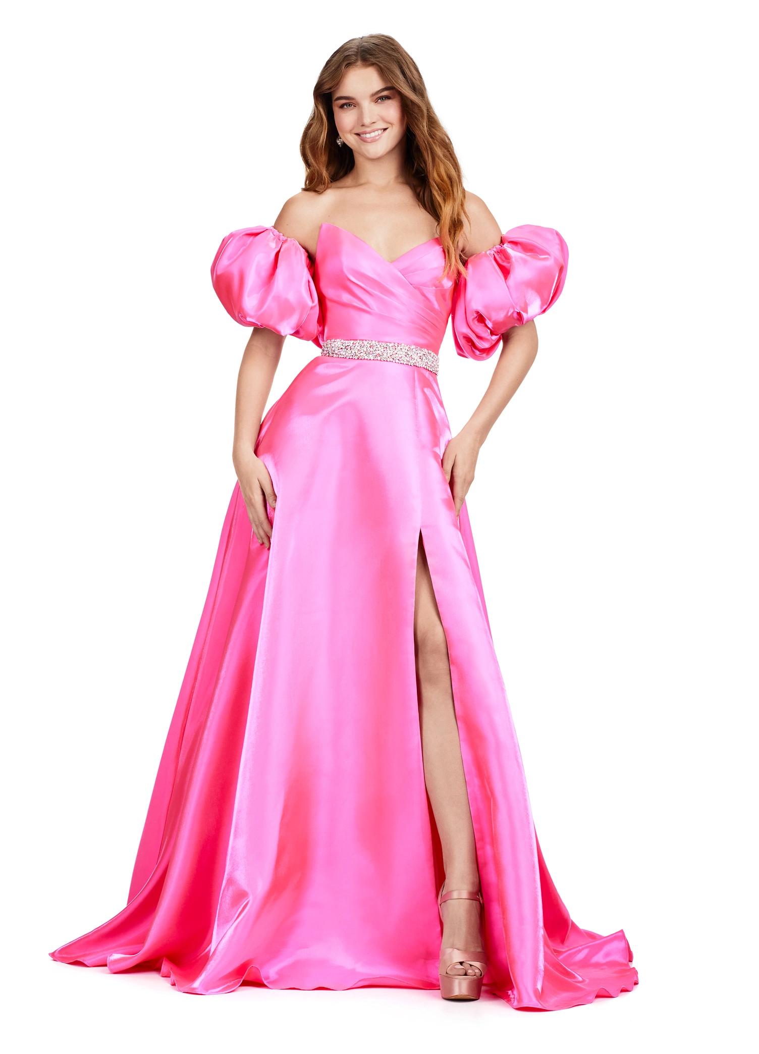 Hot pink ASHLEYlauren 11474 strapless satin ball gown with sweetheart neckline, beaded belt, left leg slit, and detachable puff sleeves