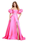 Hot pink ASHLEYlauren 11474 strapless satin ball gown with sweetheart neckline, beaded belt, left leg slit, and detachable puff sleeves