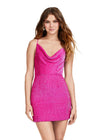 Hot pink ASHLEYlauren 4580 fully beaded cocktail dress featuring delicate spaghetti straps, a cowl neckline, and a fitted skirt for a sleek and glamorous look.