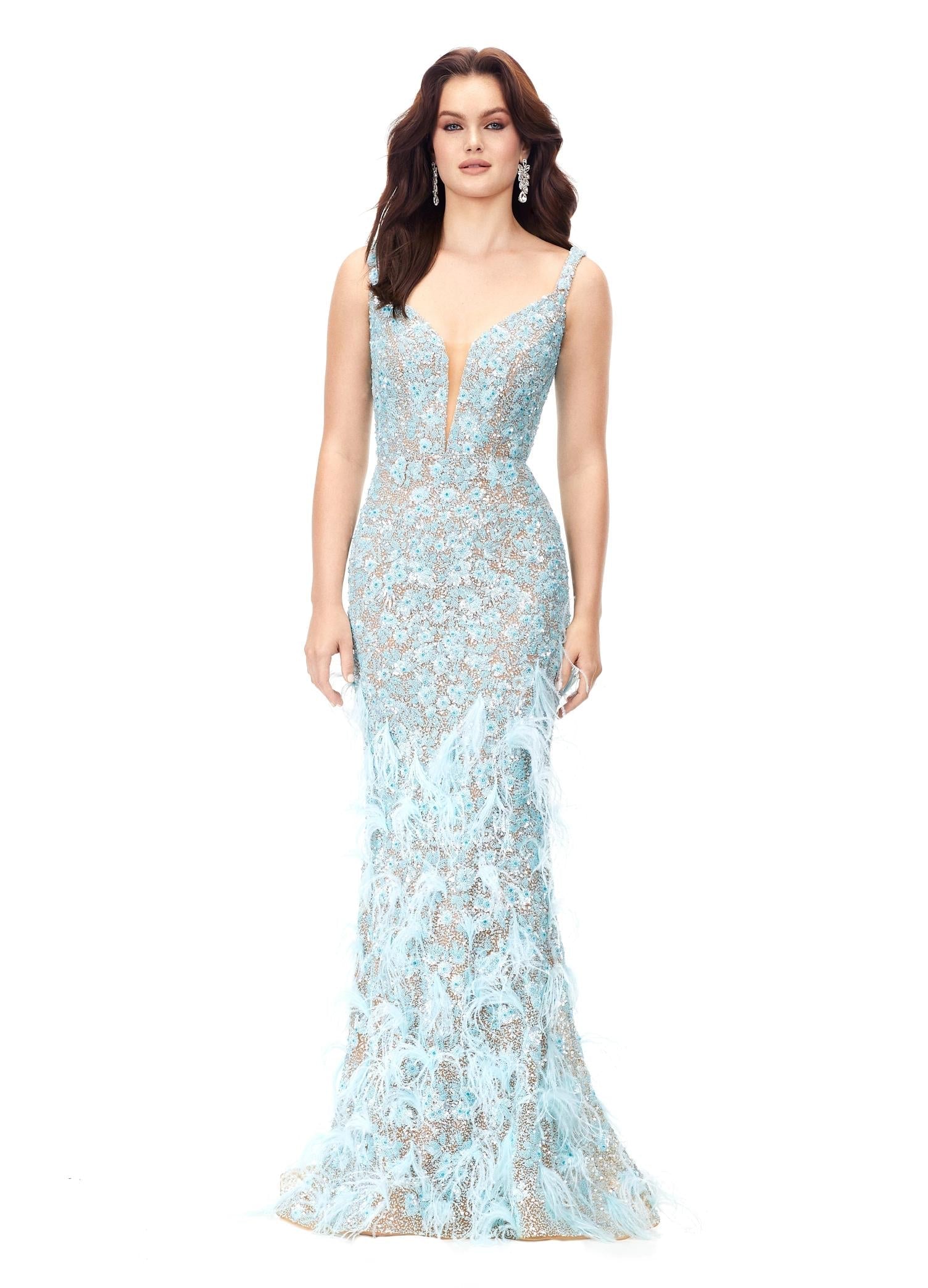 Ice Blue ASHLEYlauren 11279 fitted gown featuring a deep illusion V-neckline, fully hand-beaded design, and feather accents throughout the skirt.