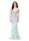 Ice Blue ASHLEYlauren 11279 fitted gown featuring a deep illusion V-neckline, fully hand-beaded design, and feather accents throughout the skirt.