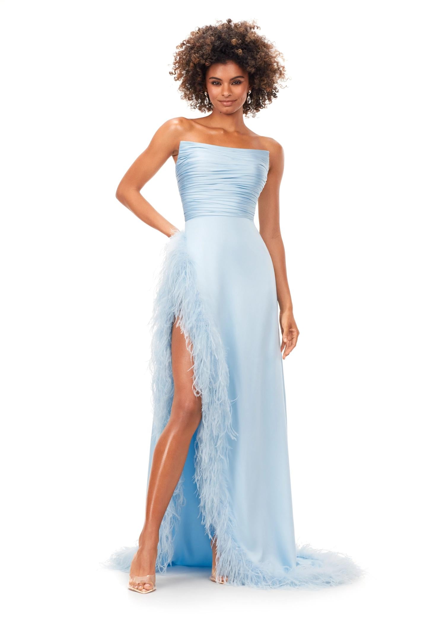 Ice Blue ASHLEYlauren 11313 strapless satin gown featuring a ruched bustier, slight A-line skirt, high right leg slit, and cascading feather trim along the hemline.