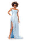 Ice Blue ASHLEYlauren 11313 strapless satin gown featuring a ruched bustier, slight A-line skirt, high right leg slit, and cascading feather trim along the hemline.