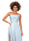 Ice Blue ASHLEYlauren 11313 strapless satin gown featuring a ruched bustier, slight A-line skirt, high right leg slit, and cascading feather trim along the hemline.