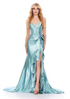 Ice Blue ASHLEYlauren 11638 Edgy Shimmer Jersey Gown with Spaghetti Straps, Structured Corset Bustier, Statement Bow and Ruffle Accent, and Lace Up Back