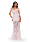 Ice Pink ASHLEYlauren 11481 Fitted Scuba Gown with Structured Corset Bustier, Feathered Off Shoulder Sleeves, Elegant Front Bow, and Lace Appliqué Detailing