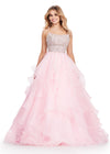 Ice Pink ASHLEYlauren 11545 Strapless Organza Ball Gown with Beaded Bustier, Ruffled Organza Skirt, and Handkerchief Hem