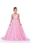 Ice Pink ASHLEYlauren 8242 kids gown featuring an off-shoulder design, crystal beaded straps, neckline trim, and belt, adorned with lace applique, press-on stones, and feather accents for a glamorous and elegant look.