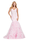 Ice pink ASHLEYlauren 11475 mermaid gown with exposed corset bodice, lace detailing, and dramatic ruffled tulle trumpet skirt