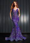Iridescent Purple ASHLEYlauren 11113 stretch sequin gown featuring spaghetti straps, an illusion V-neckline, deep V-back, and a horsehair hem for a sleek and glamorous statement look.