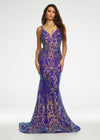Iridescent Purple ASHLEYlauren 11113 stretch sequin gown featuring spaghetti straps, an illusion V-neckline, deep V-back, and a horsehair hem for a sleek and glamorous statement look.