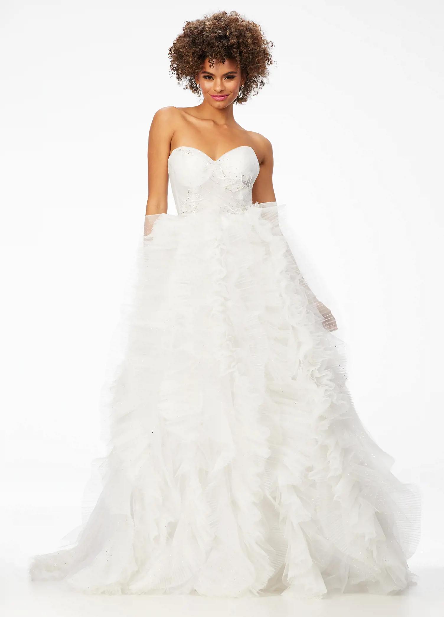 Ivory ASHLEYlauren 11141 Strapless Ball Gown with Sweetheart Neckline, Intricately Beaded Bustier, and Glitter Tulle Ruffle Skirt