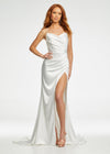 Ivory ASHLEYlauren 11162 Elegant Gown with Spaghetti Straps, Draped Bodice, Ruching, Left Leg Slit, and Lace-Up Back