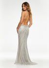 Back - Ivory ASHLEYlauren 11177 – An intricately hand-beaded halter gown featuring a stunning beaded motif, low open back, center slit, and a sweeping train. Perfect for making a show-stopping statement at any event.