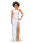 White ASHLEYlauren 11244 – A stunning one-shoulder gown featuring intricate beadwork that accentuates your curves, a left leg slit, and a signature asymmetrical lace-up back. Perfect for making a show-stopping statement at any event.