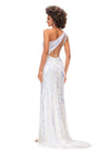 Back - White ASHLEYlauren 11244 – A stunning one-shoulder gown featuring intricate beadwork that accentuates your curves, a left leg slit, and a signature asymmetrical lace-up back. Perfect for making a show-stopping statement at any event.