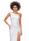 White ASHLEYlauren 11244 – A stunning one-shoulder gown featuring intricate beadwork that accentuates your curves, a left leg slit, and a signature asymmetrical lace-up back. Perfect for making a show-stopping statement at any event.