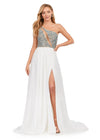 Ivory ASHLEYlauren 11245 One Shoulder Chiffon Gown with Turquoise & Crystal Beading and Illusion Cut Out