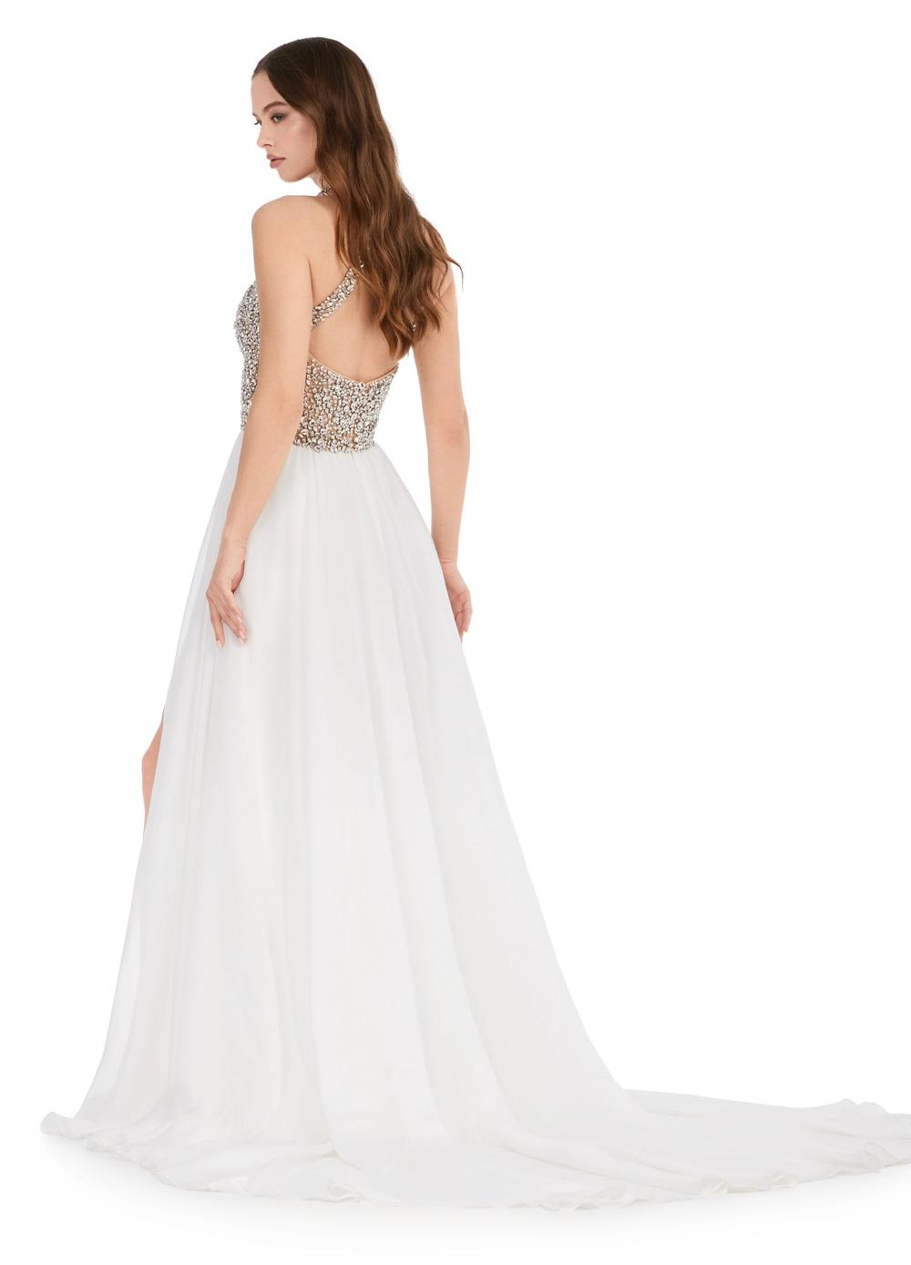 Back - Ivory ASHLEYlauren 11248 – A stunning chiffon A-line gown featuring a beaded halter top with crystal details, an illusion cut-out, and a high left leg slit. Perfect for shining bright and making a statement at any special event.