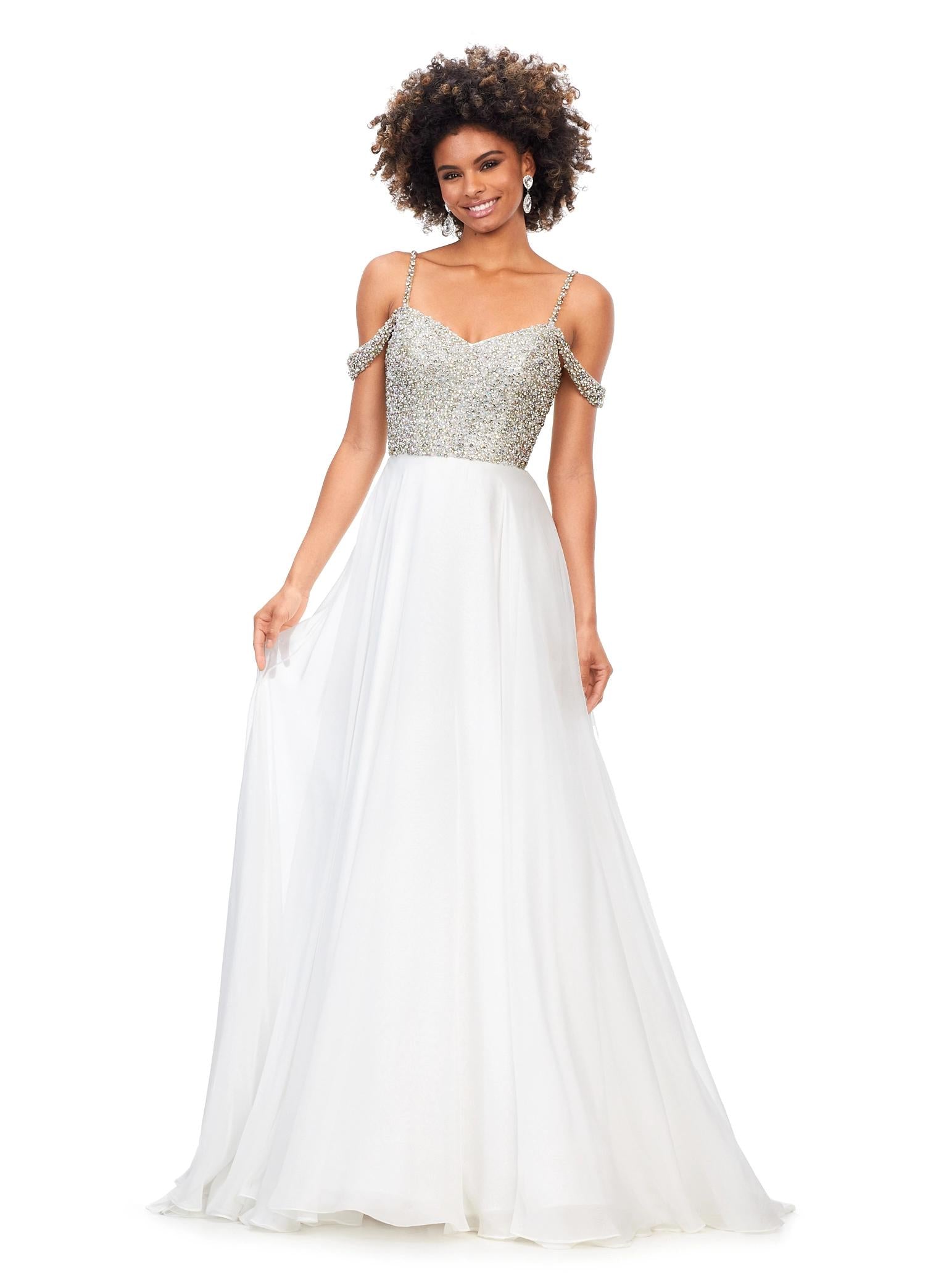 Ivory ASHLEYlauren 11253 – A dazzling chiffon A-line gown featuring a sweetheart neckline and a fully encrusted bustier with crystals and pearls, along with crystal and pearl-encrusted spaghetti and shoulder straps. Perfect for making an unforgettable statement at any event.