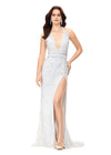 Ivory ASHLEYlauren 11283 halter gown featuring a V-neckline, open back, intricate beading throughout, and a left leg slit.