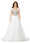Ivory ASHLEYlauren 11314 off shoulder gown featuring feather straps, a crystal-encrusted bustier, and a flowing organza A-line skirt with wire hem.