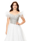 Ivory ASHLEYlauren 11314 off shoulder gown featuring feather straps, a crystal-encrusted bustier, and a flowing organza A-line skirt with wire hem.