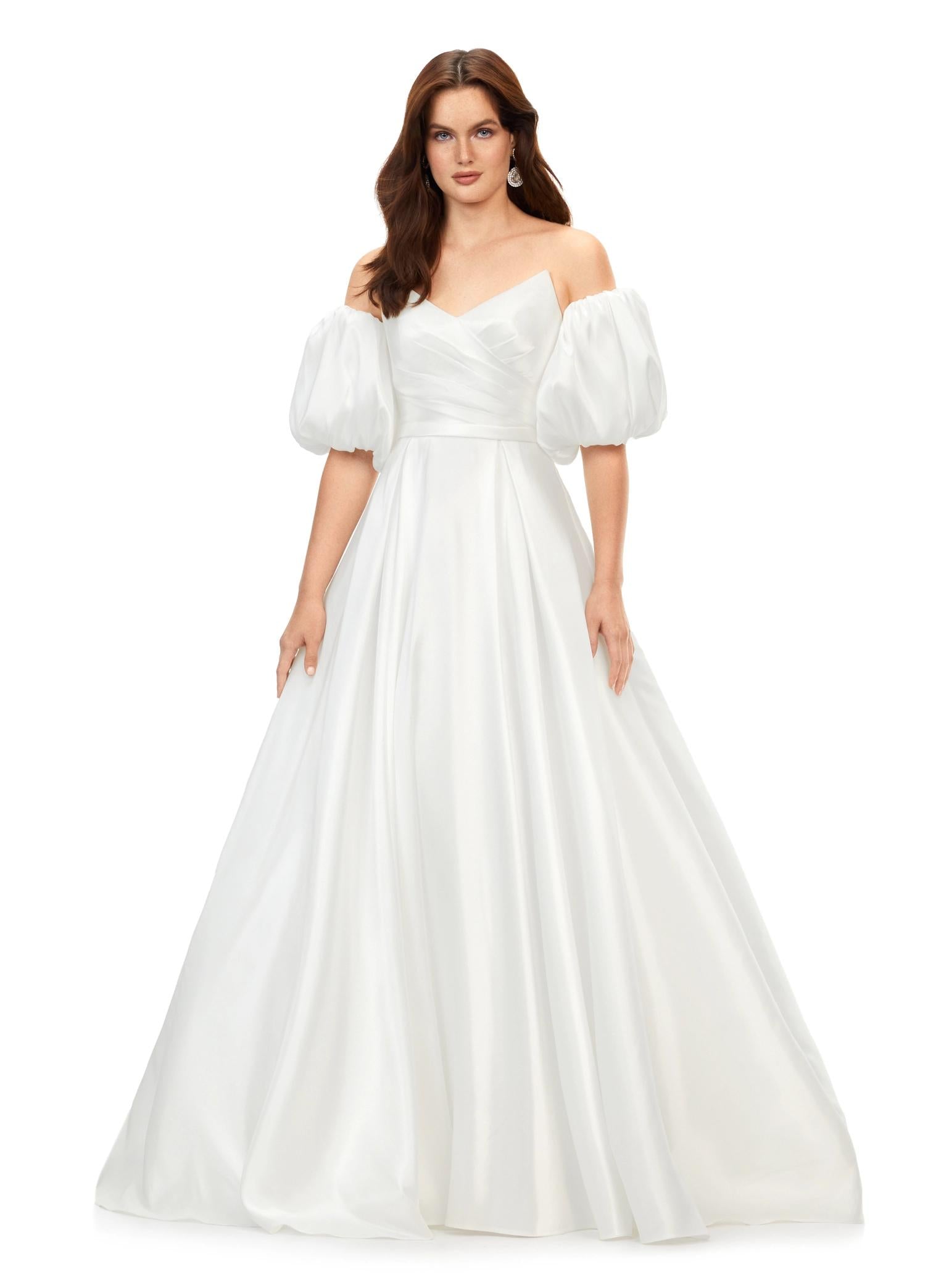 Ivory ASHLEYlauren 11323 strapless ball gown in phantom satin, featuring detachable puff sleeves and a button-adorned back for an elegant finish.