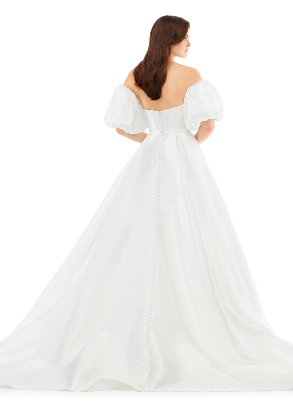 Back -  Ivory ASHLEYlauren 11323 strapless ball gown in phantom satin, featuring detachable puff sleeves and a button-adorned back for an elegant finish.