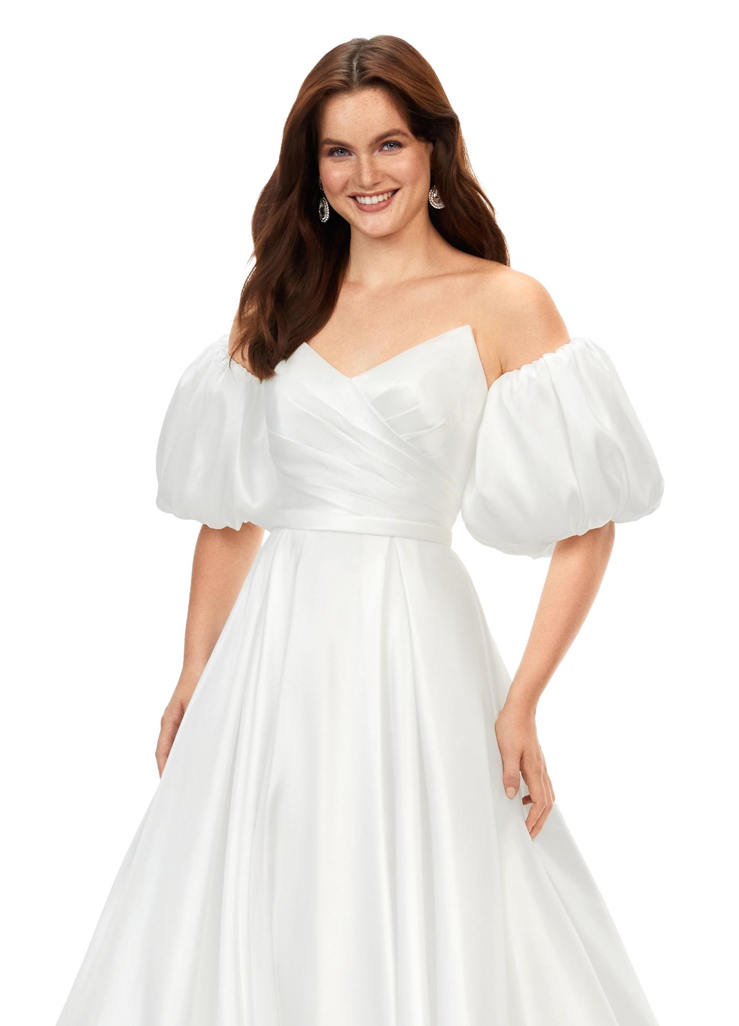 Close Up - Ivory ASHLEYlauren 11323 strapless ball gown in phantom satin, featuring detachable puff sleeves and a button-adorned back for an elegant finish.