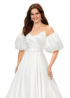 Close Up - Ivory ASHLEYlauren 11323 strapless ball gown in phantom satin, featuring detachable puff sleeves and a button-adorned back for an elegant finish.