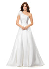 Ivory ASHLEYlauren 11336 one shoulder ball gown in Mikado fabric, featuring feather-embellished neckline and a classic A-line skirt.