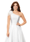 Ivory ASHLEYlauren 11336 one shoulder ball gown in Mikado fabric, featuring feather-embellished neckline and a classic A-line skirt. Close Up