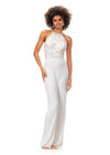 Ivory ASHLEYlauren 11339 unique halter-style jumpsuit featuring an intricately hand-beaded bodice, open back, and flowing wide-leg pants for a bold and sophisticated statement look.