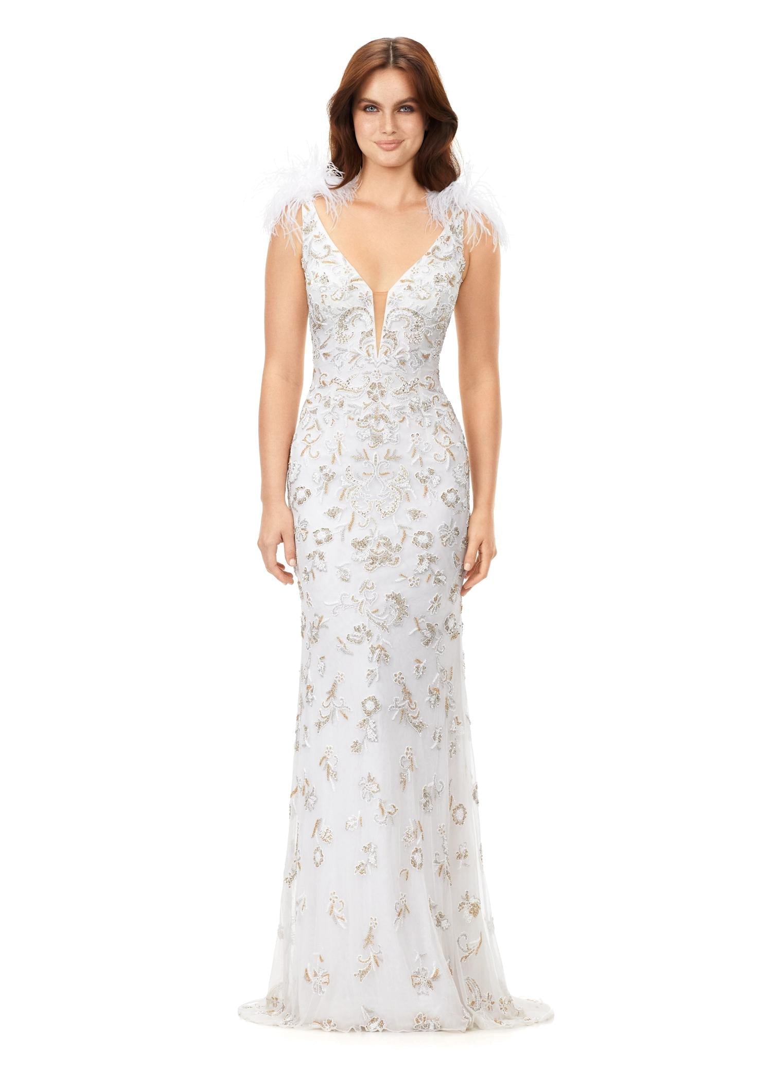 Ivory ASHLEYlauren 11349 beaded gown featuring a V-neckline, feather shoulder details, V-back, and a sweep train for an elegant and dramatic look.