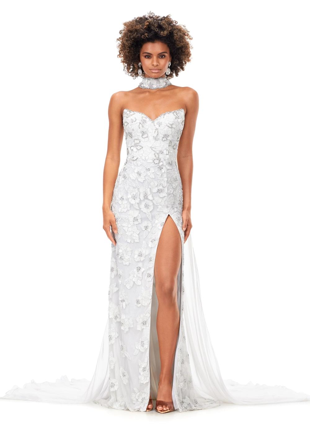 Ivory ASHLEYlauren 11351 Strapless Beaded Gown with Crystal Choker, Chiffon Cape, and Slit