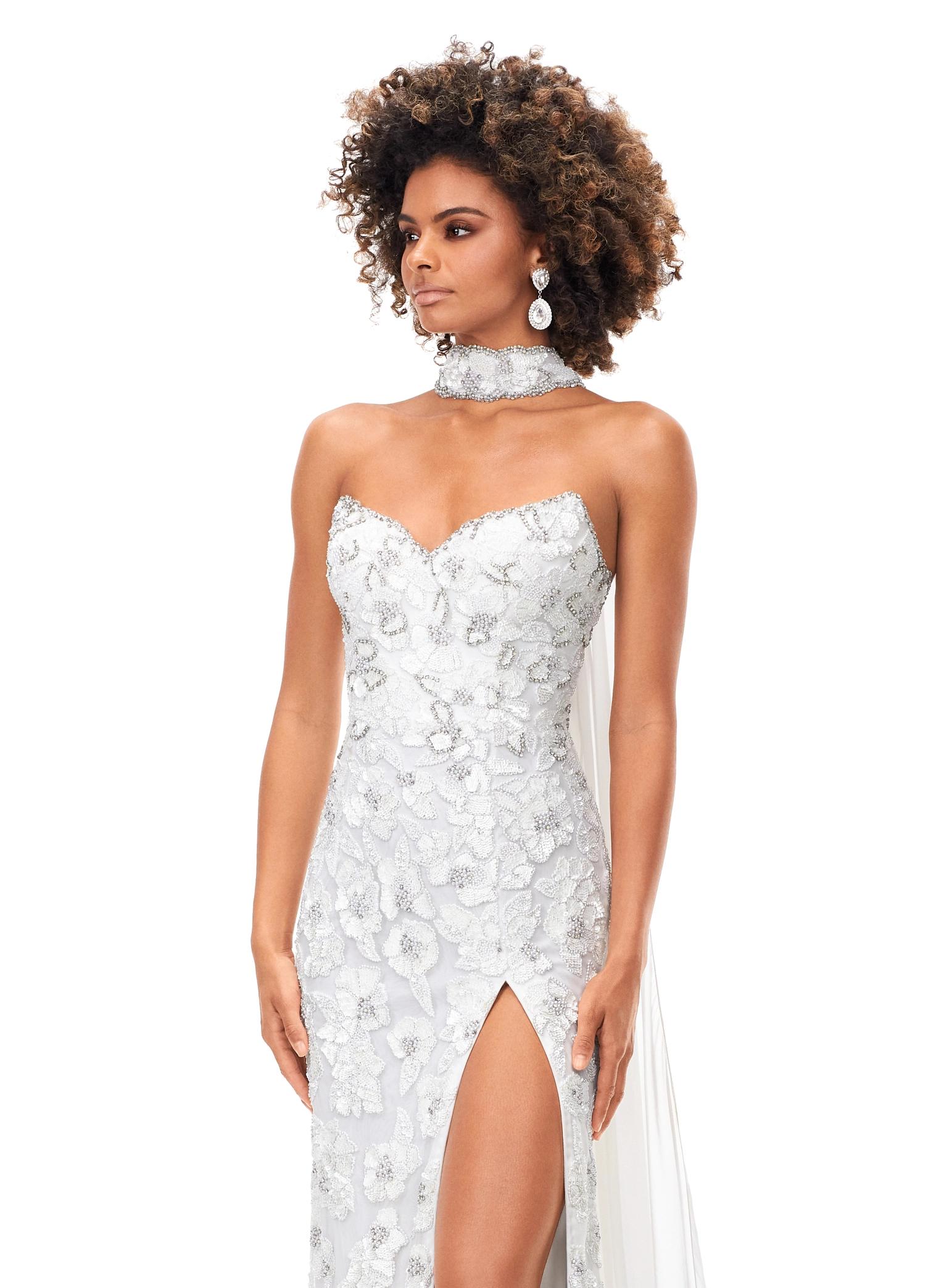 Ivory ASHLEYlauren 11351 Strapless Beaded Gown with Crystal Choker, Chiffon Cape, and Slit