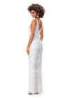 Back - Ivory ASHLEYlauren 11355 fully hand-beaded jumpsuit featuring an intricate floral bead pattern, V-neckline, V-back, and straight leg pants.