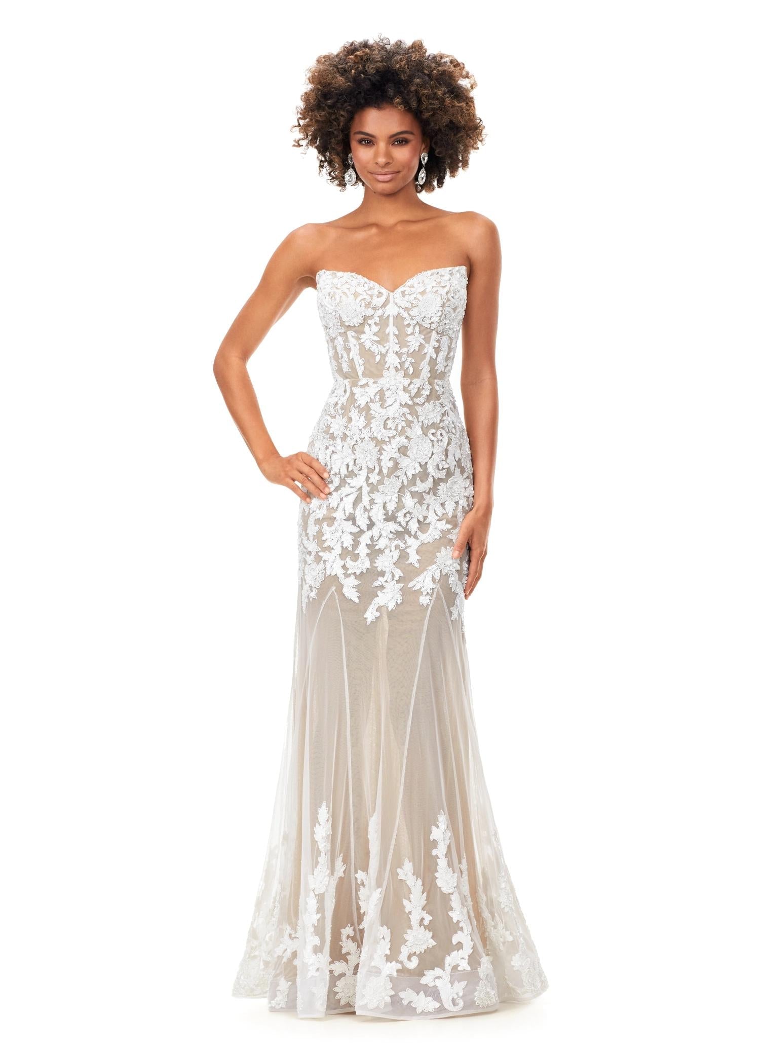 Ivory ASHLEYlauren 11361 strapless mermaid gown featuring an intricate hand-beaded bustier, sweetheart neckline, illusion lining, and a horsehair hemline for added structure.